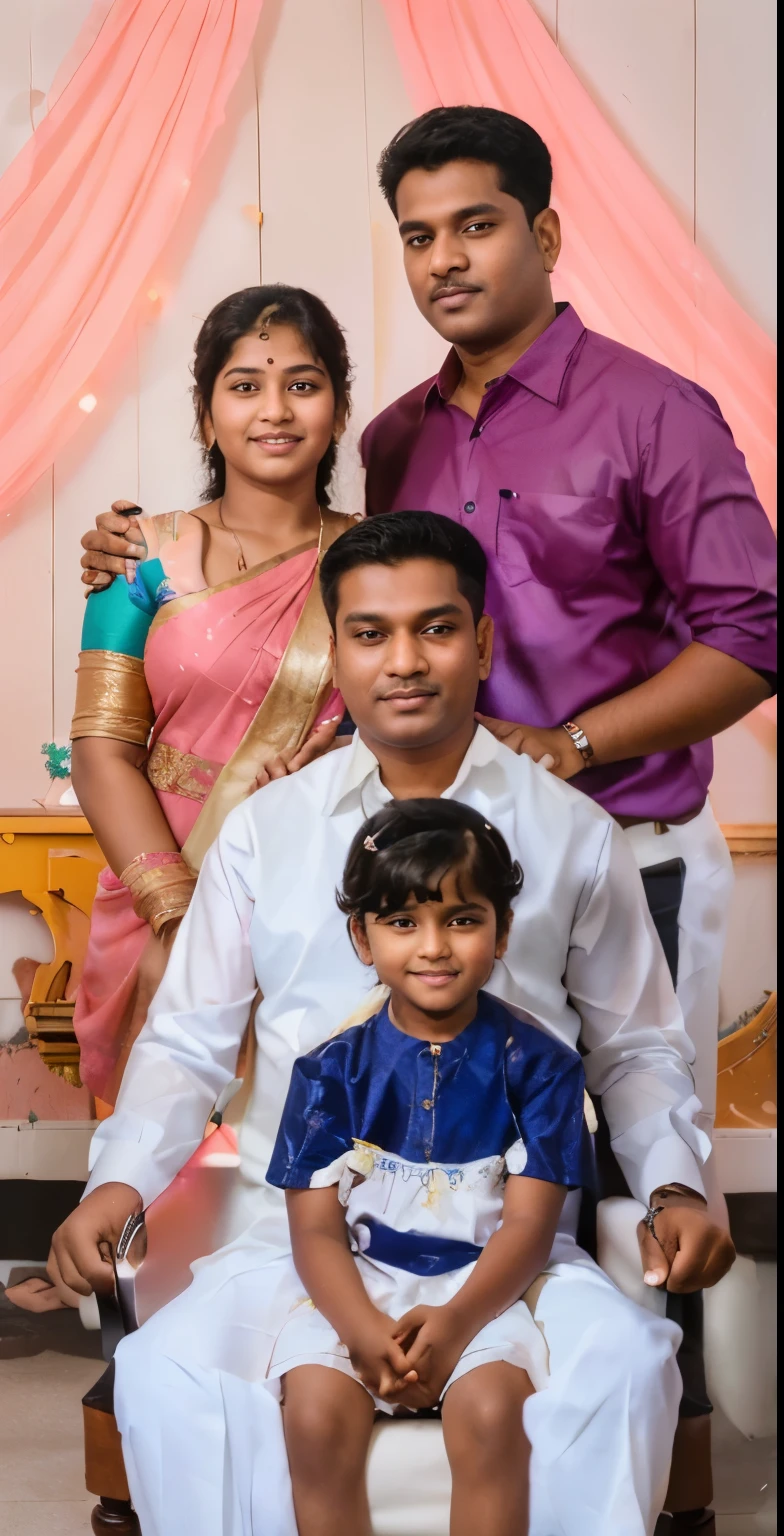 Create an Indian family photo of husband of age 25 and wife of age 22 holding baby boy of age 2 standing for a family photo