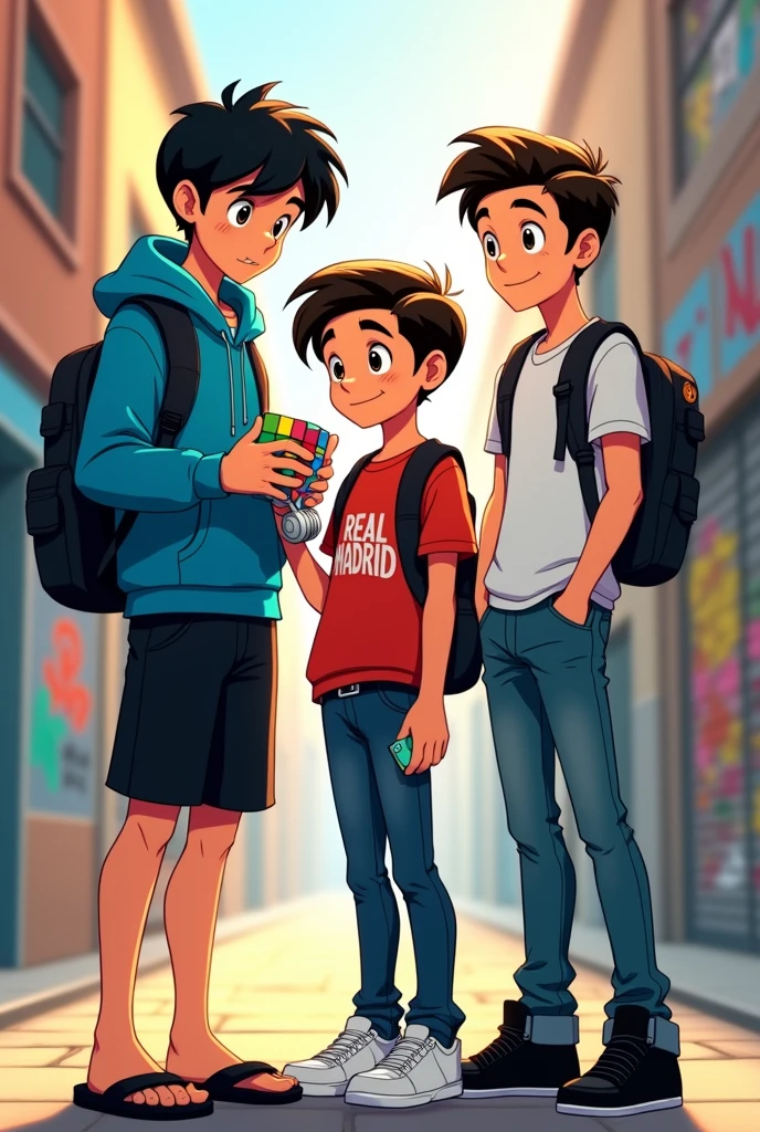 Create an image, with DC animation style, three friends, all teenage boys. One wears a blue hooded sweatshirt and black shorts that reach his knees, black flip-flops, headphones and a Rubik's cube in hand, black short hair. another one wears a real madrid shirt, They are wearing jeans and white sneakers., They have cell phones in their hands and very short black hair.. One is wearing a white shirt., jeans and black shoes, backpack on his back and cell phone in hand.
They are all Black., They are standing and looking forward., None of them have facial hair and they all have brown eyes. 