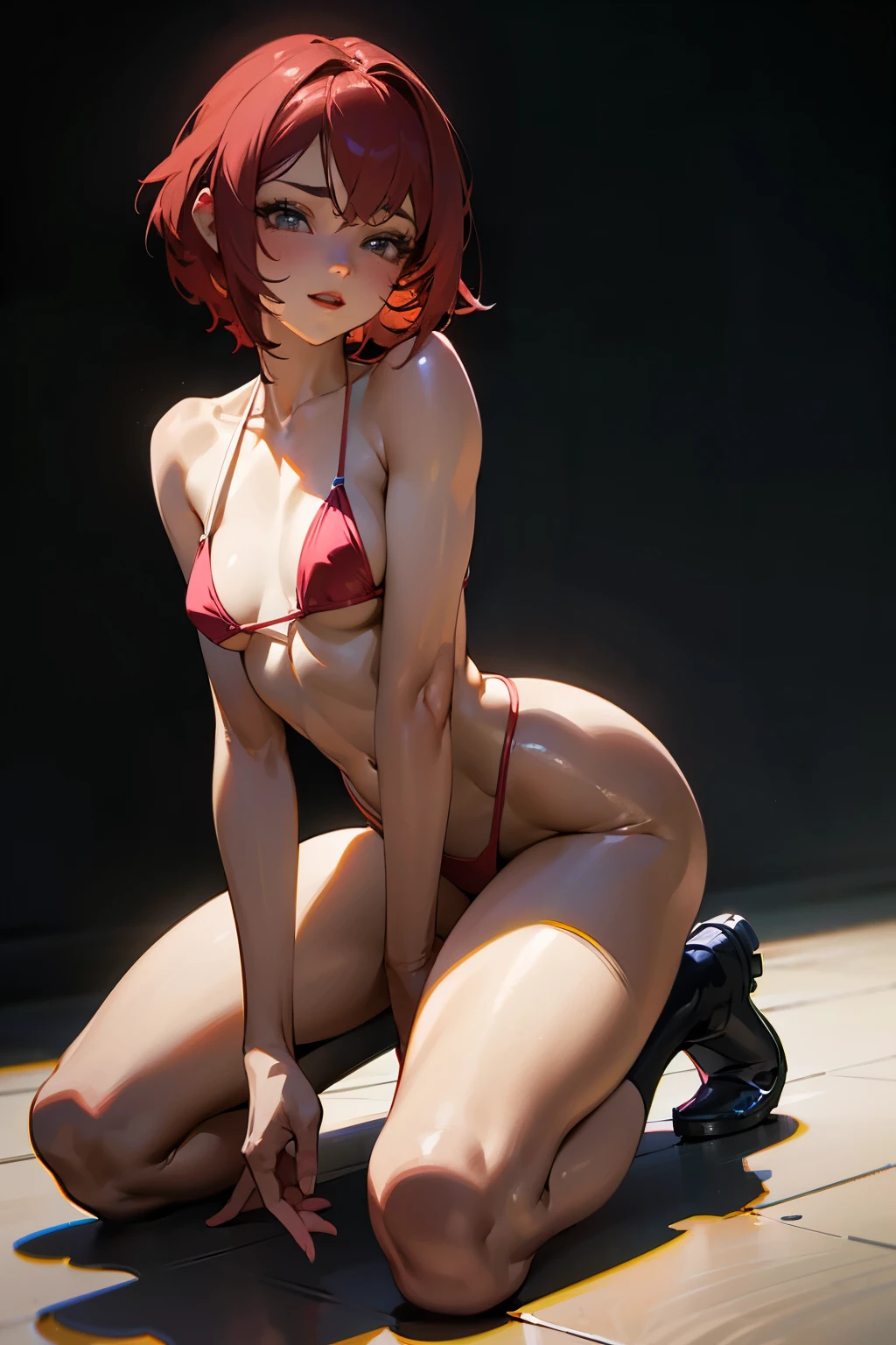 1girl, short red hair, anime style, detailed anime render, supermodel body, sexy bikini, excited expression, provocative, best quality, 4k, 8k, highres, masterpiece, ultra-detailed, realistic, photorealistic, photo-realistic, highly detailed face, extremely detailed eyes and face, long eyelashes, detailed skin texture, detailed clothing folds, dramatic lighting, vibrant colors, cinematic composition, professional photography, full body, tight clothes, orgasm face, small waist, perfect abdomen