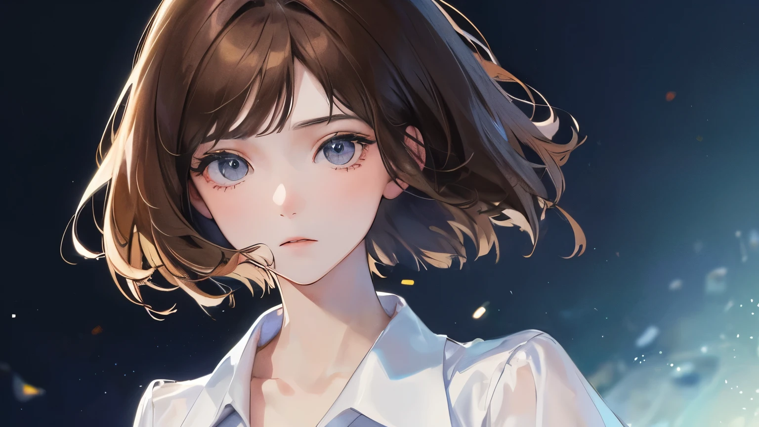 ((Bob cut hairstyle))),(((Night Background)))、(((Center parted hairstyle)))、((1 person)),Masterpiece,best quality,,((Navy blue blouse))、((Expressionless))、((Brown Hair)),determined expression, Upper body diagram、 (Highest Resolution、Clear_image)、Best Quality、Light and shadow contrast、((Backlight))、Very detailed、Semi-realistic、、、bangs、19 years old、 Young lady,,young、((View from the front))、Delicate Facial Features