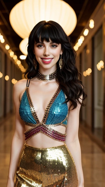 Kimbra wearing clothes made of precious stones and smiling