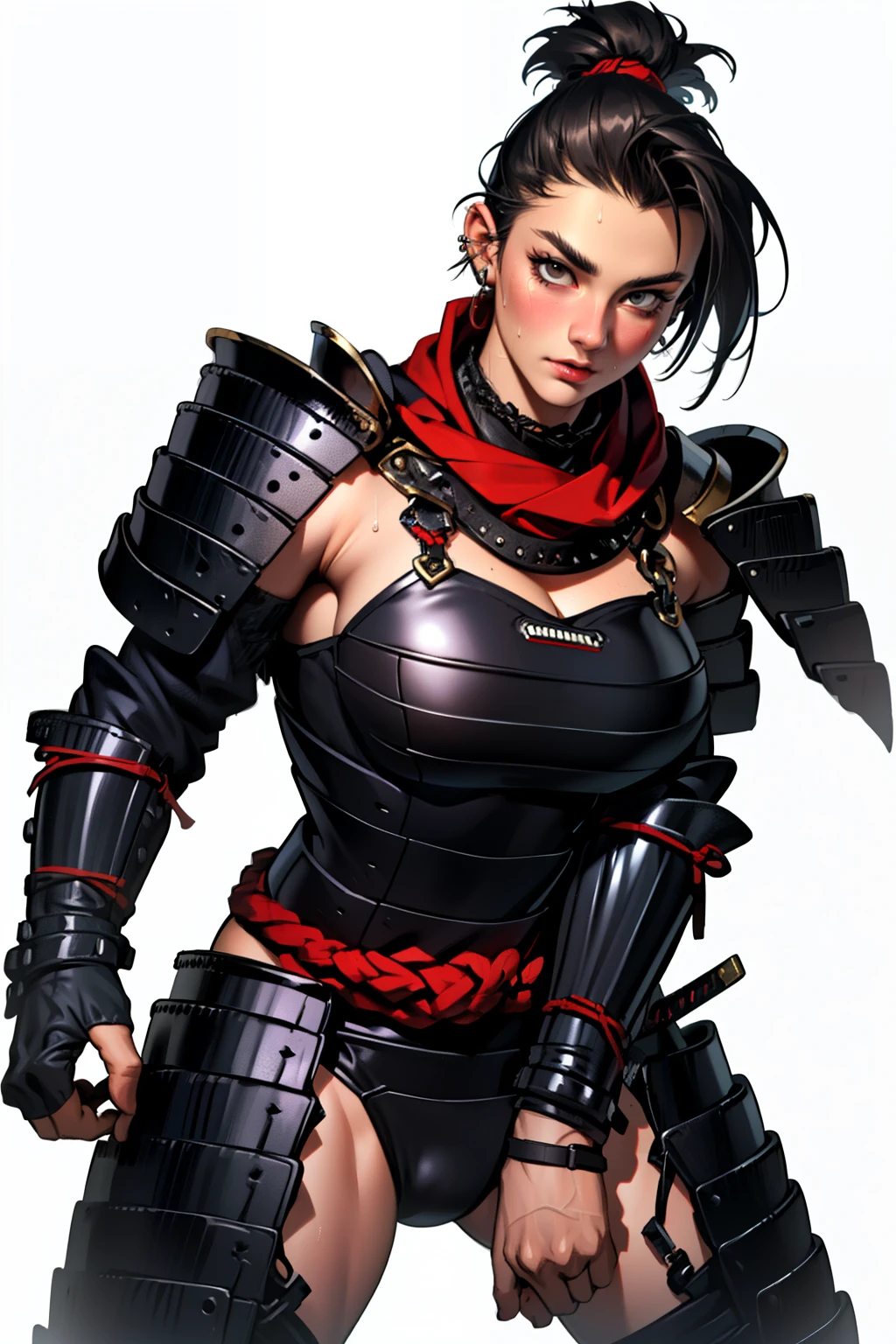 (high resolution, pixel perfect, gorgeous illustrations), (hyper quality, muste piece, etheric: 1.4), (((cowboy shot))), face focus, ((1girl)), (((Androgynous, boyish))), (((18 years old))), (((((punk))))), hot Rocker punk girl, ((((open stance)))), cool atmosphere, black hair, ((((very_short_hair, slicked_back_hair)))), ((((piercing)))), eyelid_piercing, nose_piercing, (((Exquisite face))), blush, tattoo, (((((((muscular_female))))))), (thick thighs, wide hips, Big breasts that are about to burst), fighter, ((((very hairy)))), samurai, (((naked_armor))), ((highleg_leotard_armor)), (((cameltoe))), sweat, shiny skin, gleaming skin, simple background,