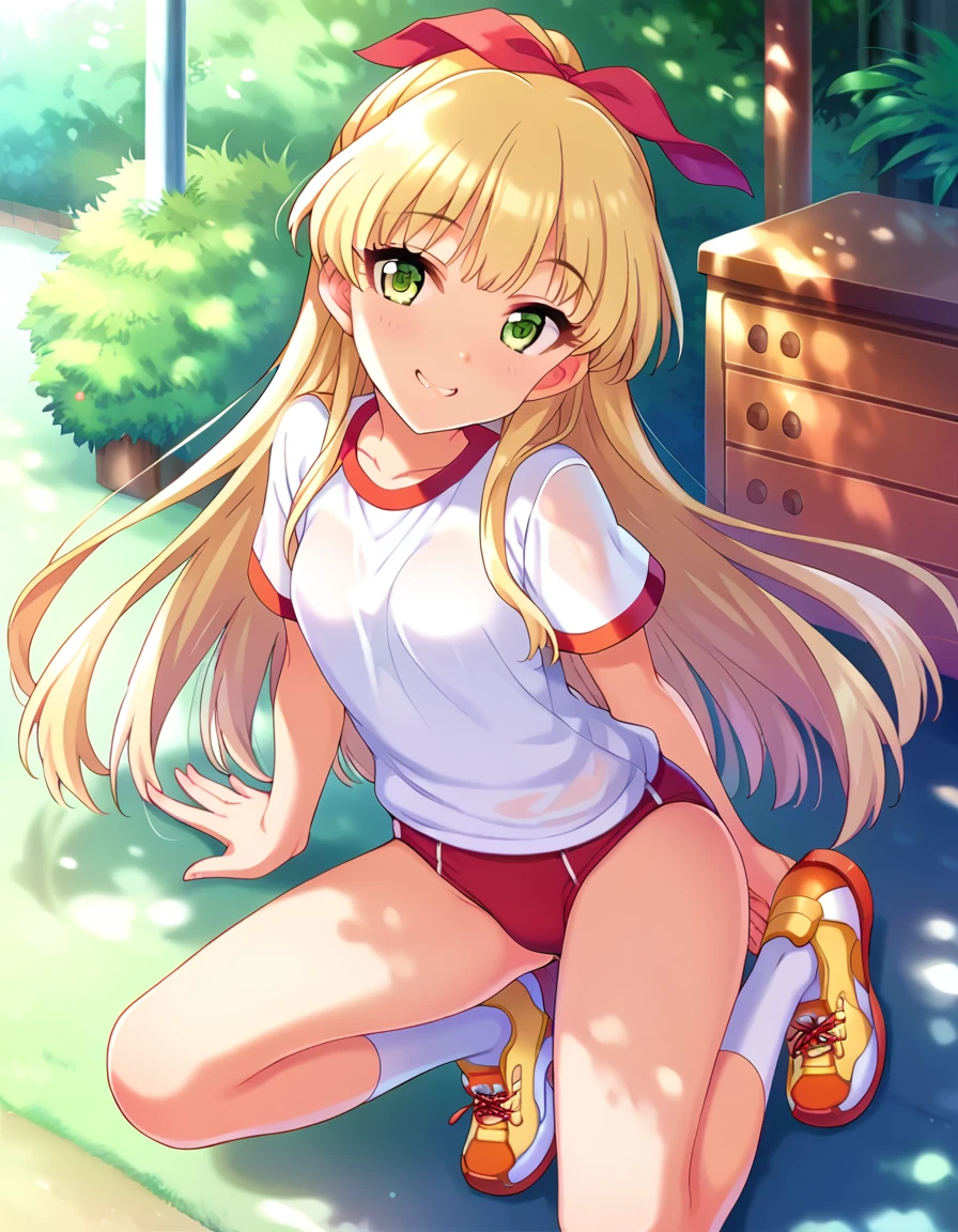 score_9, score_8_superior, score_7_superior, sauce_anime,
evaluation_Sensitive, Sexually suggestive,
One person, alone, smile, Joyful, 
Outdoor, Sunbeam,
 Long Hair, Blonde,   Hair Ribbon,Green Eyes, Small breasts, 
Gym suit, White gym shirt, Untucked shirt,  red buruma, socks, sneakers, Thighs，Showing off your crotch，下から見superiorげる,
Detailed eyes, Eye Reflexes,