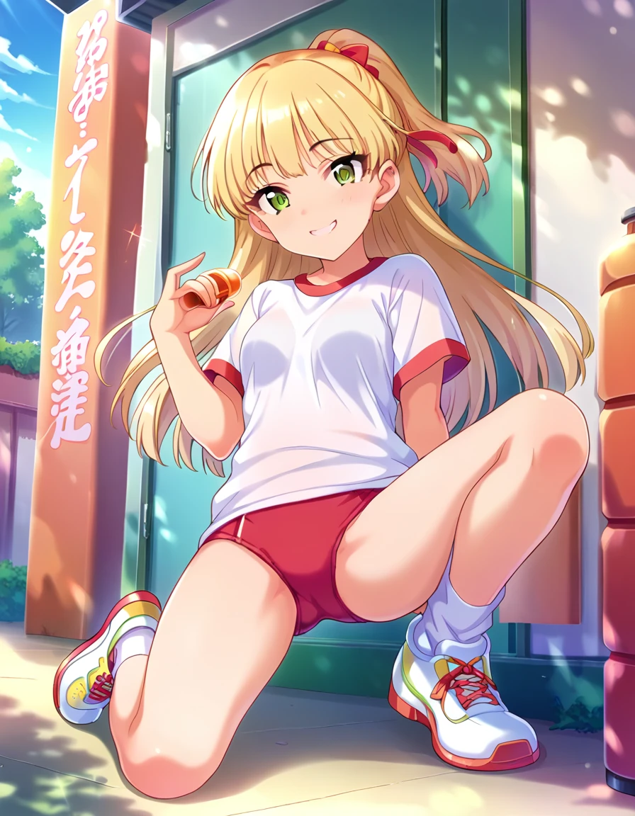 score_9, score_8_superior, score_7_superior, sauce_anime,
evaluation_Sensitive, Sexually suggestive,
One person, alone, smile, Joyful, 
Outdoor, Sunbeam,
 Long Hair, Blonde,   Hair Ribbon,Green Eyes, Small breasts, 
Gym suit, White gym shirt, Untucked shirt,  red buruma, socks, sneakers, Thighs，Showing off your crotch，下から見superiorげる,
Detailed eyes, Eye Reflexes,