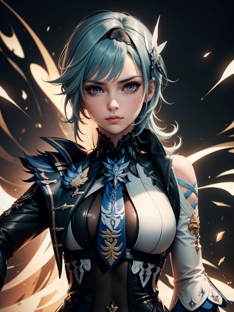 Illustration, UHD, retina, masterpiece, accurate, anatomically correct, super detail, high details, high quality, award winning, best quality, highres, good anatomy, 1080P, HD, 4K, 8k, 16k, 1girl, dynamic pose, androgynous, portrait, eula, genshin impact, looking at viewer, lighting, shading, rendering, big chest, detailed hair, detailed clothes, detailed eyes