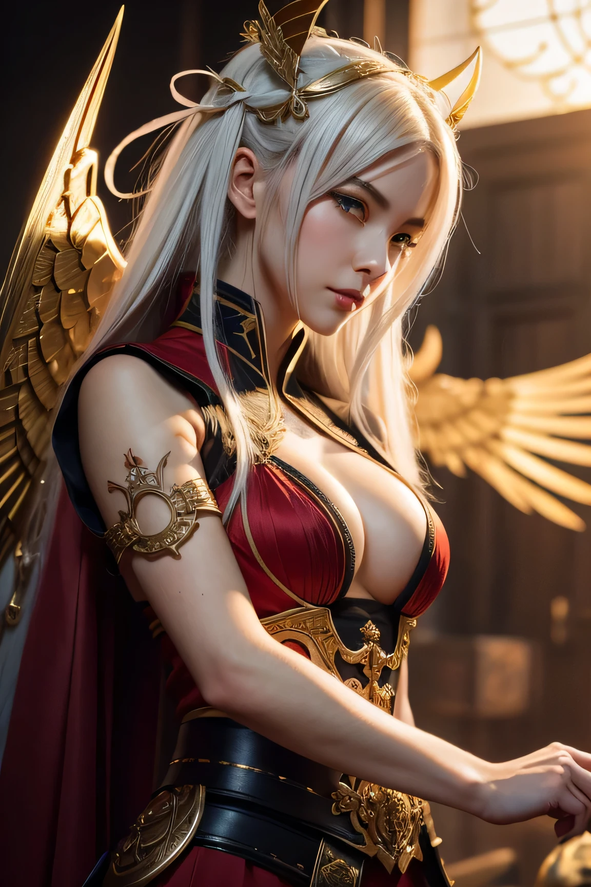 a close up of a woman in a costume with a sword, onmyoji detailed art, g liulian art style, from arknights, trending on artstation pixiv, by Yang J, cushart krenz key art feminine, guweiz on artstation pixiv, rossdraws sakimimichan, onmyoji, prompt:fantasy character with white, slightly tousled hair, pale skin, striking red eyes, intricate golden vine-like patterns, large red and gold wings, highly detailed, elegant, yet fierce


