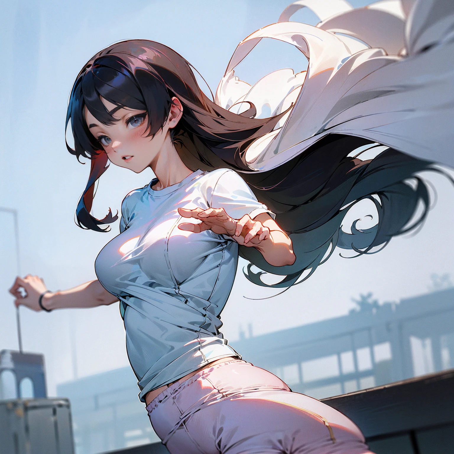 Anime Kawaii sexy Perfect Slim sensual body large breast and huge thighs, An intricate and highly detailed illustration of anime (Young girl). standing alone、high school girl、Caucasian skin、Make-up natural、Bblack hair、bangss、long straight hair、(((White short sleeve upper body t-shirt)))、(((Long, white workout clothes)))、(((Very tight bloomers)))、(((Marine Blooms)))、(((Tuck the bottom of your gym clothes into your shorts)))、breasts big、((big-ass))、(((School's yard)))、(((realistic fingers)))、(((realistic styling)))、((perfect figure))、(((vertical)))、(((rear view)))、(((Future Perspective)))