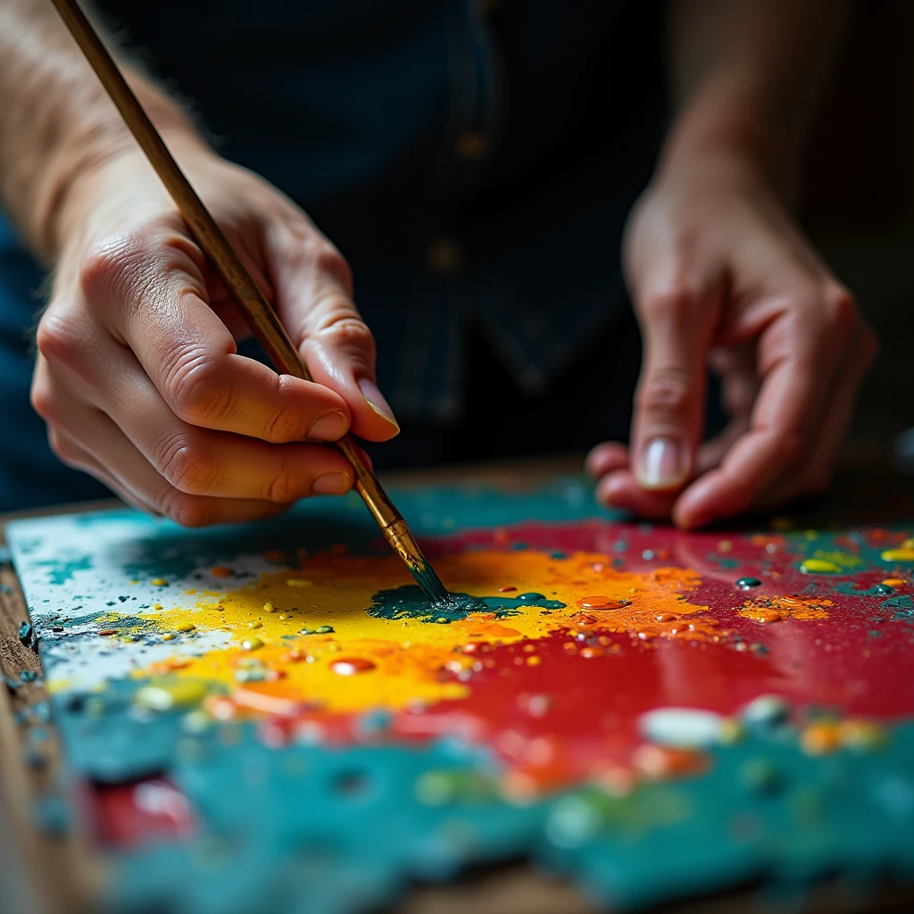 Close-up of Hands, The painter's hands adjust colors on the palette and then spread them on the canvas. Use side light and macro lens to capture the texture of the paint and the strength of the hand, Beautiful cinematic lighting, RAW photo, color graded, dynamic movement, (captivating chiaroscuro:0.1), award-winning, cinematic still, emotional, vignette, dynamic, vivid, (masterpiece, best quality, photorealistic, Professional, perfect composition, very aesthetic, absurdres, ultra-detailed, intricate details:1.3)