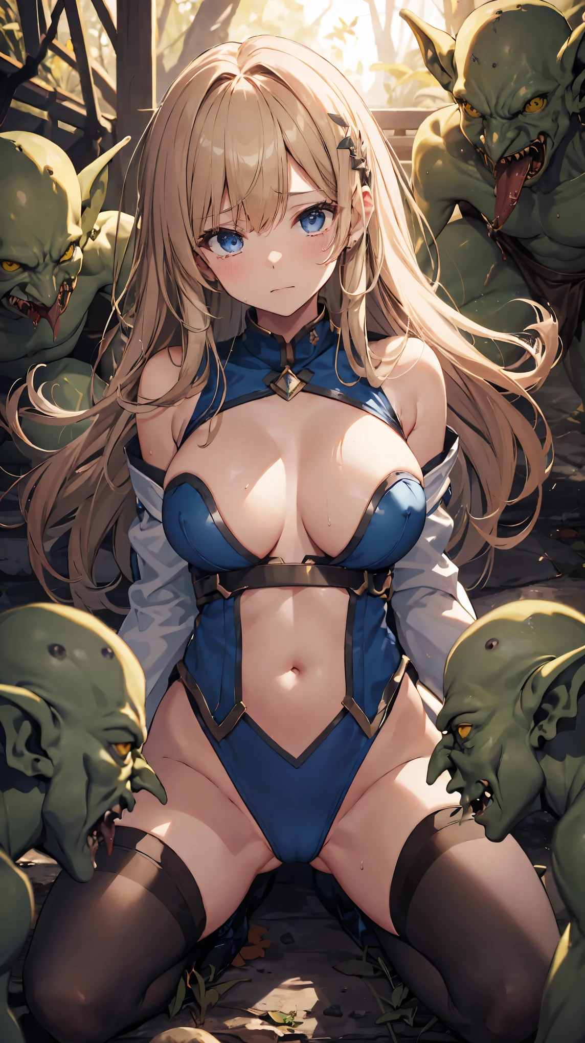 NSFW, masterpiece, top-quality, The ultra-The high-definition, Top resolution, high detailed, professional lighting, 1 girl, A slender, Very cute, Young face, Hands are restrained,Armored dress, Blue and white armor, White inner, Golden decoration, ripped clothing, Wet clothes, Sheer clothes, Fluffy breasts, blonde hair, blue eyes, crying, tears, lie on one's side, opening legs, raise her legs, cleavage of the breast, (Multiple Goblins:1.5), Attacked by goblins, in woods