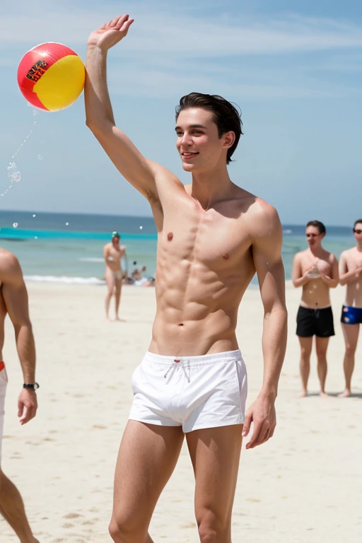 young, beautiful, elegant, white, skinny, elegant shirtless face standing, ,Naked on the beach holding a beach ball in his hand under his armpit while many people applaud and celebrate with a bubble gun around him on the men's catwalk