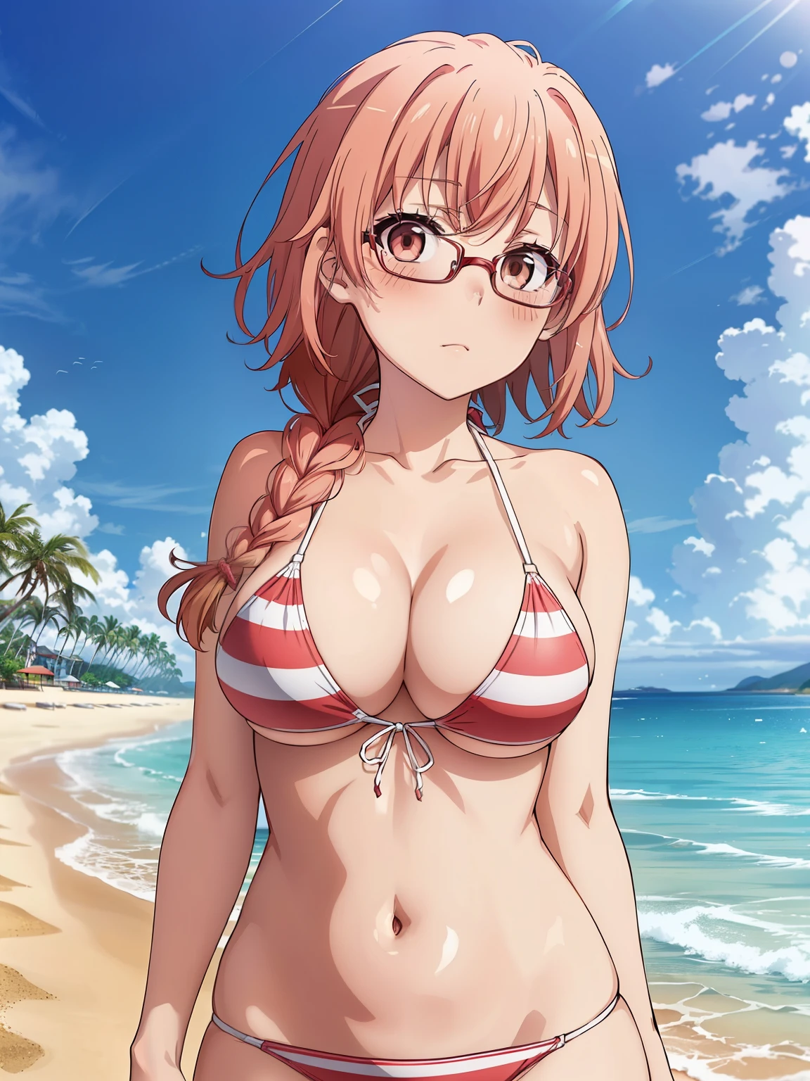 ((Highest quality, High resolution, Perfect Pixel, 4K)), (Beautiful Anime),
Watching the audience,
Perfect body,
yuigahama yui, (Big Breasts:1.3)、Detailed eyes、Brown eyes、
Depth of written boundary、
(blush、Embarrassing:1.3)、
Braid、Red Glasses、
Micro Bikini、White and pink stripes、
Cross your arms、belly button、
Beach、summer、Wave、