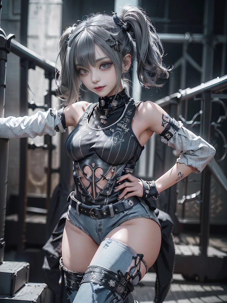 (Full body view:1.4)、(Full Body View:1.2)、(Smiling with teeth showing:1.3),(Shibuya Gal:1.5)、(Goth Style Fashion:1.5)、(Punk RockVisual Kei:1.5)、(Wearing a rhythmic gymnastics bodysuit with intricate details:1.4)、(Racing suit and pants with delicate decorations in white, denim and charcoal:1.5)、(Denim and light blue and white boots:1.3)、((belt))、(Numerous delicate logo marks all over the costume:1.4)、(collar:1.3)、(Striped underwear:1.5)、20-year-old、NSFW、((Highest quality、In 8K、masterpiece:1.3))、Sharp focus:1.2、(Layered Cut、Huge boobs:1.1),Beautiful woman with perfect figure:1.4、(Dancing vigorously:1.3)、Slender Abs:1.2、Highly detailed face and skin texture、Detailed eyes、double eyelid,(Twin tails:1.3)、(Dark silver hair:1.3)、Gravure idol、(The background is the stage of the fashion show:1.3)、(Slim Body:1.3),(Make your legs thinner:1.4),(clavicle:1.1)、(Thin and slim thighs:1.3)