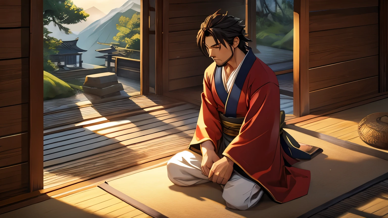 An atmospheric and serene depiction of Sanada Yukimura during his exile in Kudoyama. The scene is set in a small, dimly lit wooden hut nestled in a remote mountain forest. Yukimura, dressed in simple yet dignified samurai robes, sits cross-legged on a tatami mat, surrounded by old scrolls, a few ceremonial weapons, and a flickering candle. The warm, golden light from the candle casts soft shadows, highlighting the textures of the wooden walls and the grain of the tatami. Through the open sliding doors, a view of the mist-covered mountains and ancient pine trees is visible, adding to the tranquil and contemplative mood of the scene. Yukimura’s face reflects deep thought and quiet resolve as he prepares for the battles to come.