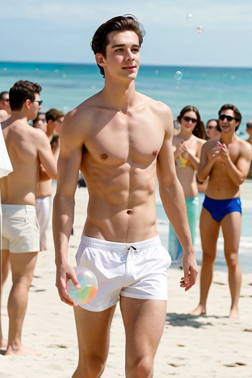 young, beautiful, elegant, white, skinny, elegant shirtless face standing, ,Naked on the beach holding a beach ball in his hand under his armpit while many people applaud and celebrate with a bubble gun around him on the men&#39;s catwalk