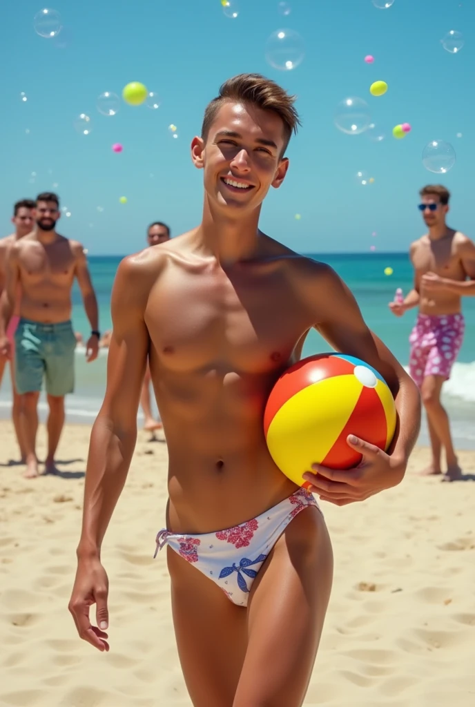 young, beautiful, elegant, white, skinny, elegant shirtless face standing, ,Naked on the beach holding a beach ball in his hand under his armpit while many people applaud and celebrate with a bubble gun around him on the men's catwalk