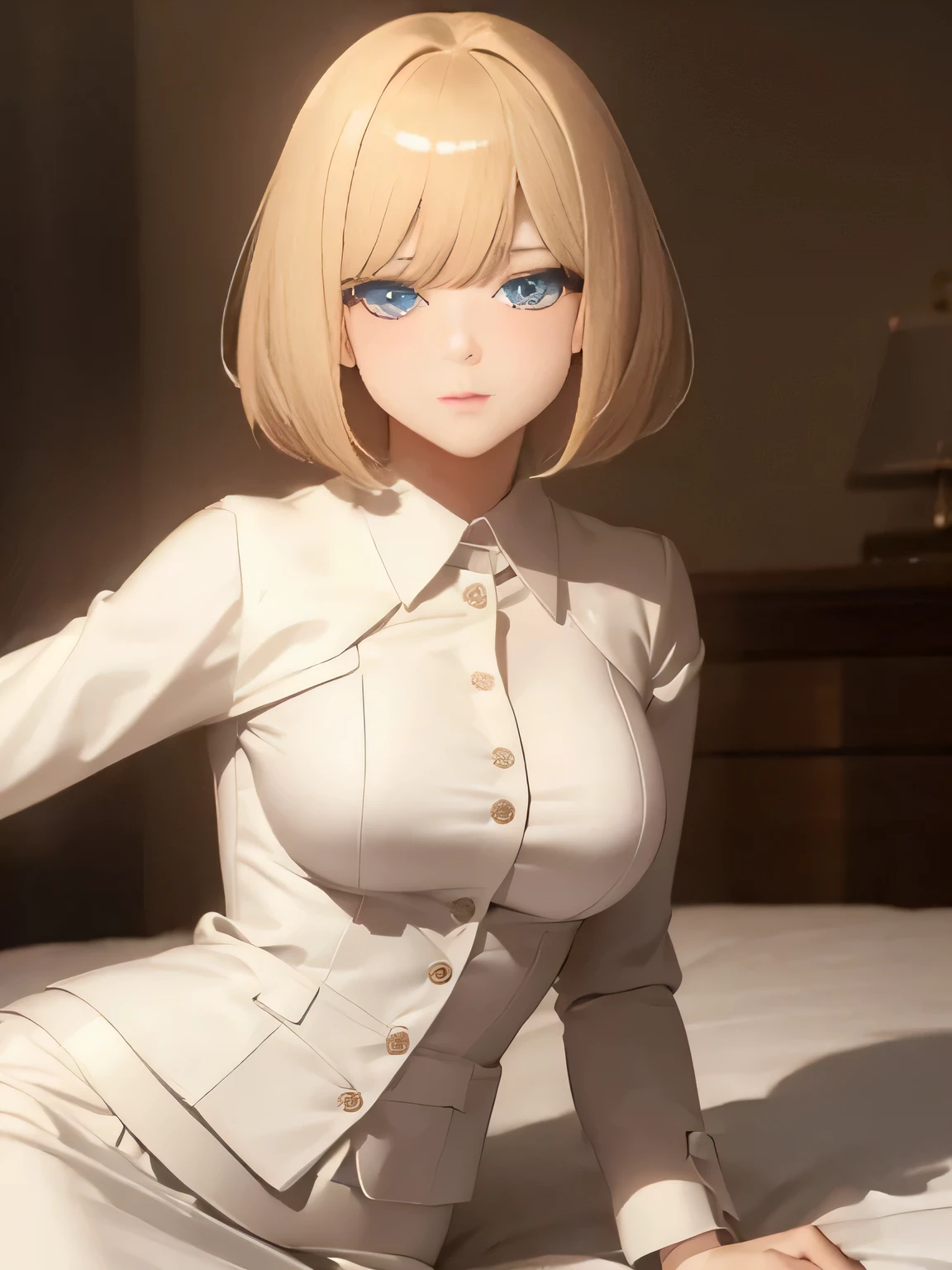 (1girl:1.3), Masterpiece, Best quality, amazing beauty, 4K, absurdres, finely detail, super detailed eye, perfect anatomy, official art, cinematic lighting, BREAK, bedroom, silky bob cut, blonde, super shiny detailed blue eyes, Looking at Viewer(camera), Looks like fun, BREAK , usually, , BREAK , (white coat:1.2), (pencil Skirt:1.2), BREAK,()