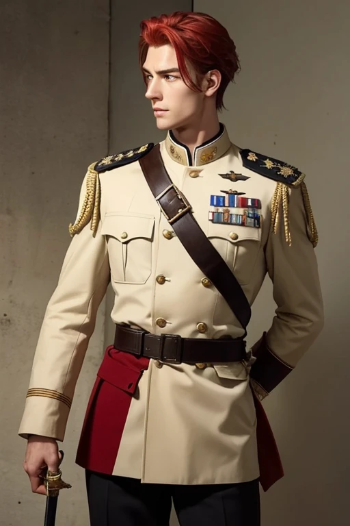 “A tall, handsome mixed-race soldier with light red hair, featuring a blend of Thai and French facial features. He is dressed in a detailed French military uniform. The soldier is depicted in various poses: standing confidently with a sword or weapon, in a serious and contemplative stance holding a map, in a battle-ready pose with armor, displaying a gentle expression in a warm interaction with another character, and looking back thoughtfully in a setting with personal significance. The style should be realistic with attention to historical military details and expressive character emotions.”