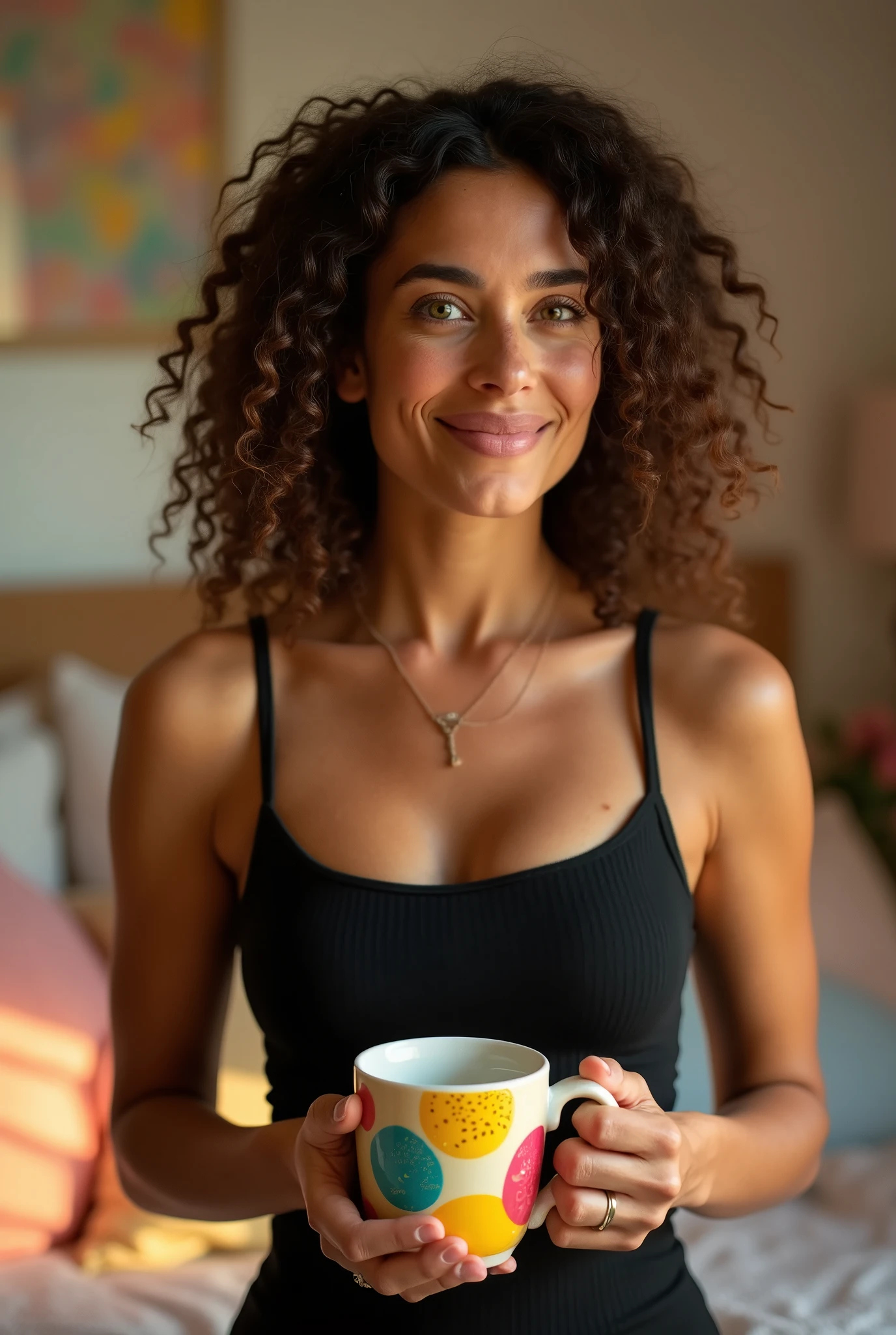 a full portrait of a beautiful bionde幾乎半裸 in black tank top,, In the profile, Smile, on she's bedroom,holding a colorful mug. Her hair is brown and curly., Pale green eyes, She has some wrinkles on her face, Large bust, plump, Large Breasts, bionde, Beautiful Body, with a Large Breasts, 一位美丽的bionde, SFW Big , bionde-haired British female breasts, bionde goddess, Full breasts, , Her breasts, 40-year-old female, bionde, cleveage, ChestVery large, Large Breasts!, straight blonde hair, About 3 to 5 , Her tanned skin is dotted with a row of exquisite freckles, Lightly sprinkled on her cheeks and nose bridge, Adding a cute and unique charm to her face. soft, Elegant wrinkles surround her eyes and mouth, Gentle lines tell stories of a life full of laughter, wisdom, And experienced. These subtle signs of aging enhance her beauty, With her radiant glow、Eternal charm blends perfectly, Makes her face both charming and expressive, Reality, detailed, high resolution, Huge breasts, Thick chest, Her shirt is about to burst,Because Her breasts are too big, Her breasts are magnificent, Her breastsVery large, She is magnificent,Very large