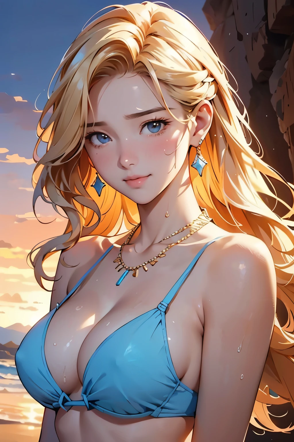 Classical painting, Sunset,desert,Woman in bikini,Portraiture,Looking down at the camera,Bikini,necklace,Earrings,bracelet, alone，Beautiful Face、A vivid face、40 years old、Sex appeal of adult women,blondes,blondes,Beautiful wavy hair,Beautiful hairstyle、 Realistic Skin、Beautiful Skin、Narrow shoulders,charm、 Upper Body,detailed，Realistic，Realistic,desert,Backlight、Soft Light、Swimwear,(Sergeant's Oil Painting)、(Highest quality、masterpiece)、Anatomically ,Somewhat large breasts（dcup）,Sweat,A lot of sweat,Lots of sweat on my face,Painful expression,Wipe off the sweat,Smiling only with the mouth,it&#39;s raining