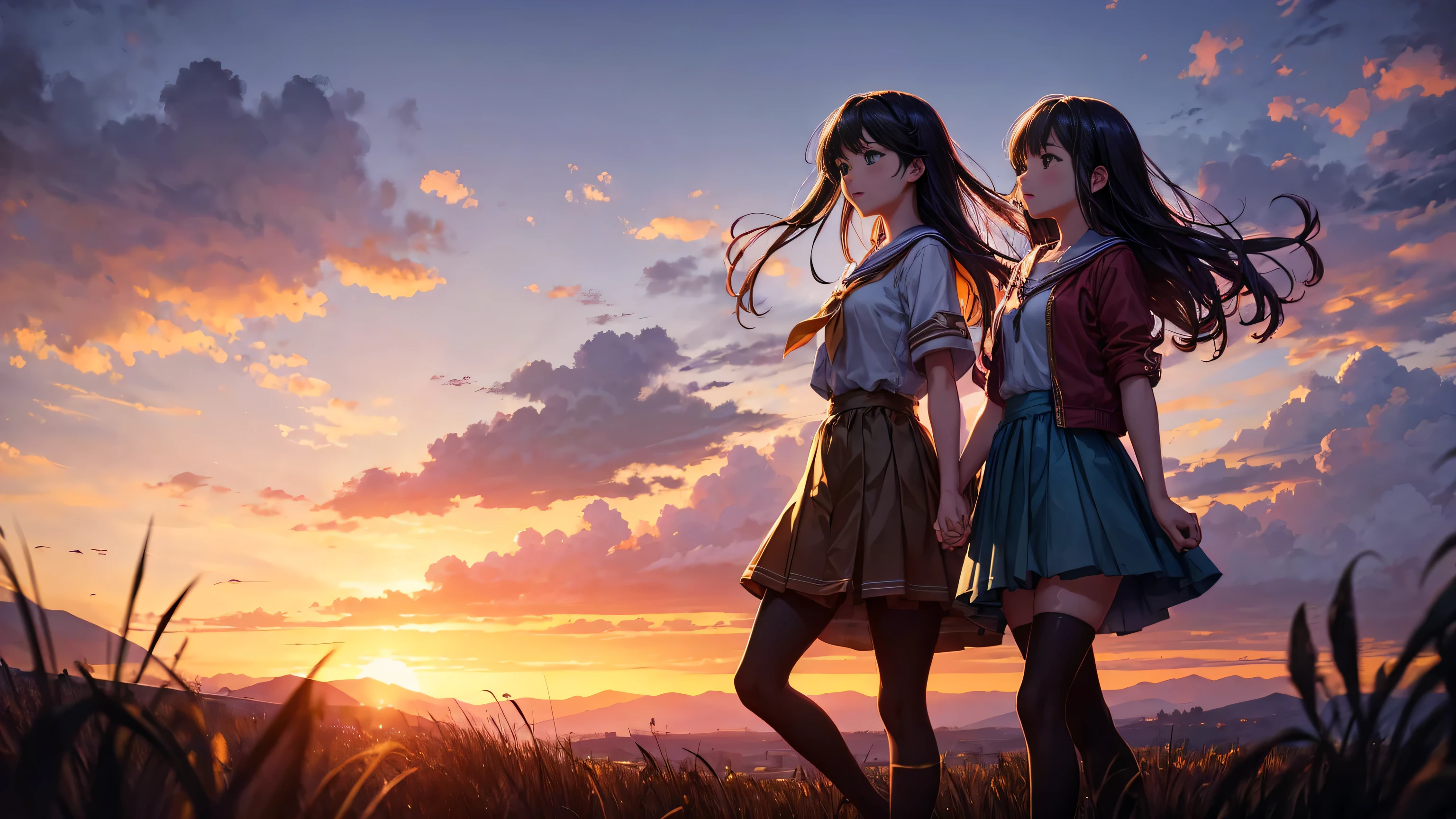 Sunset countryside landscape background、An illustration of two high school girls walking home hand-in-hand. ((Middle wind, RPG Character Classes)), 8K Ultra HD, RAW Photos, Digital Painting, Super detailed, Golden Ratio