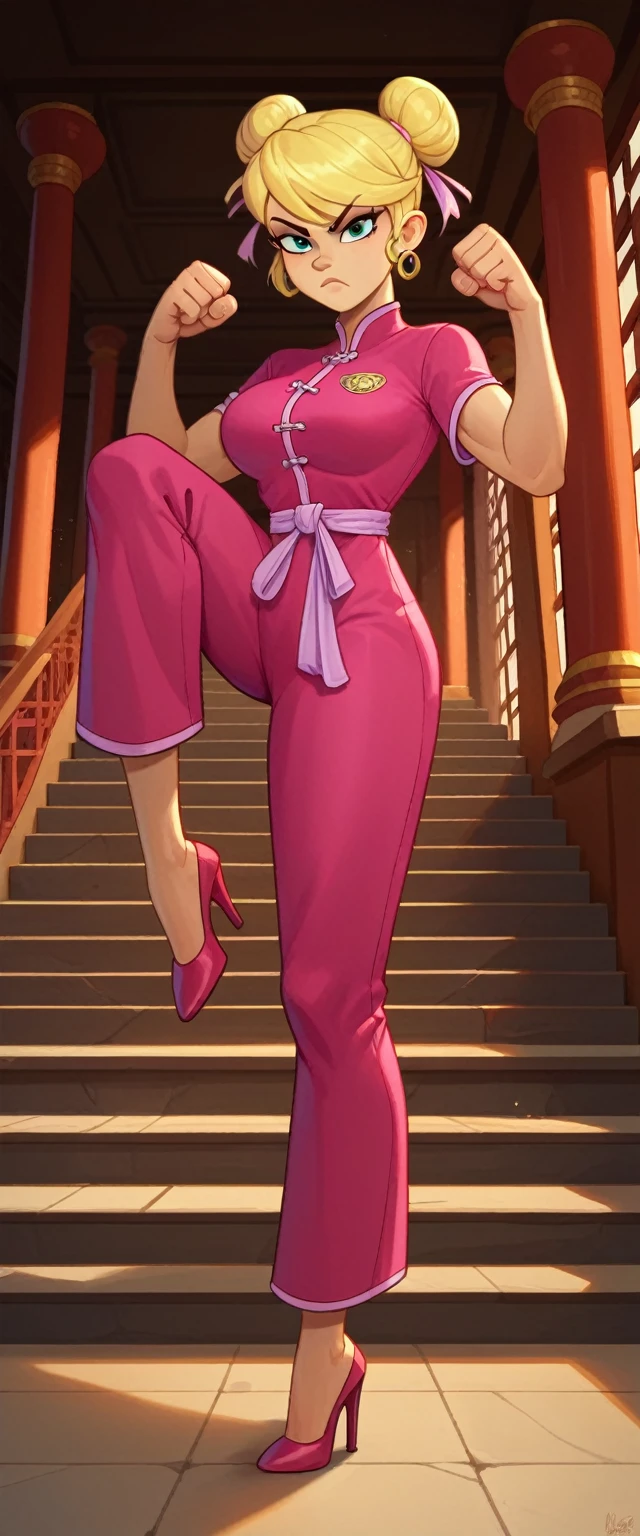 lola loud, 1girl, solo, 24yo girl, large breasts, pink cheongsam,  inside of a chinese temple, looking at viewer, blonde hair, two hair buns , hands  score_9, score_8_up, score_7_up, high heels, teep fighting stance,martial arts, stairs behind her, guarding the stairs