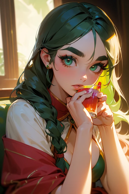 (Highest quality, masterpiece:1.2), High resolution, Very detailed, Realistic:1.37, Fantasy, An illustration, Green Eyes、Queen, Platinum decoration、beautifully、Eyeshadow Red、Thick eyebrows、Long eyelashes、pupils are black、Her hair is light green、Embarrassing、people々々々々々Loved by、Shoulder Bare、Braiding、((Swimwear)).(Save face image),((Drink a drink)).