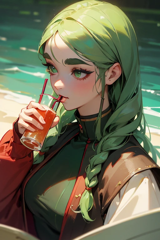 (Highest quality, masterpiece:1.2), High resolution, Very detailed, Realistic:1.37, Fantasy, An illustration, Green Eyes、Queen, Platinum decoration、beautifully、Eyeshadow Red、Thick eyebrows、Long eyelashes、pupils are black、Her hair is light green、Embarrassing、people々々々々々Loved by、Shoulder Bare、Braiding、((Swimwear)).(Save face image),((Drink a drink)).