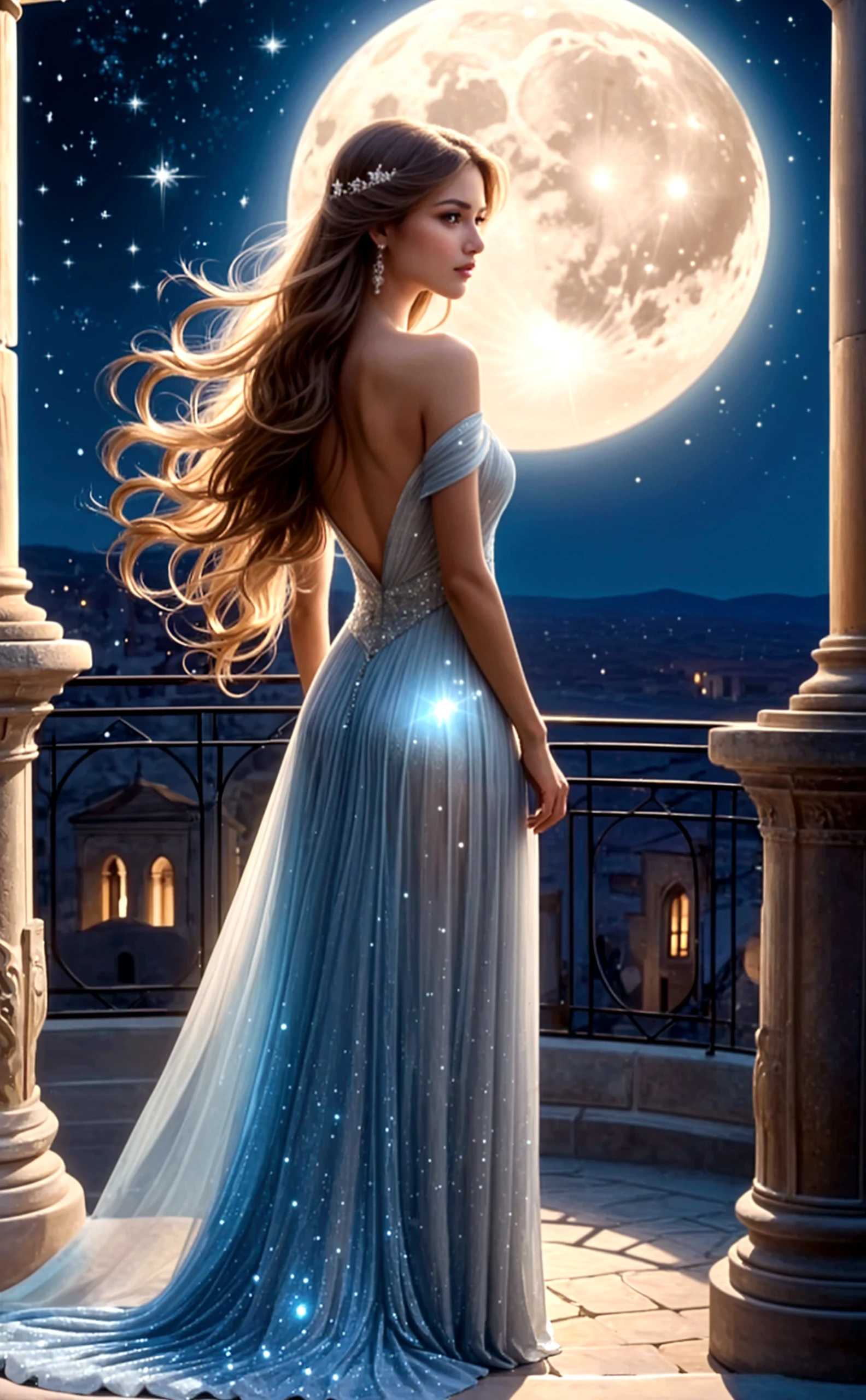 Image of a sexy woman with short brown hair, 3, talla 42DD, in the background a three-story house with a futuristic design with a starry background and two moons, The house has a view of the ocean from the mountains. wear a lace robe-style nightgown, White sexy short lace sheer with gold star and planet details.