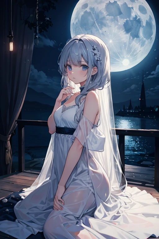highres, highest quallity, illustration, cinematic light, ultra detailed, detailed face, (detailed eyes), best quality, hyper detailed, masterpiece, (detailed face),1girl, girl, white hair, purple eyes, highest details, luminous eyes, medium breats, sitting in bed, sitting, bed, window, night sky, lake outside, moon, full moon, backlighting, light rays, (high contrast), (colorful),