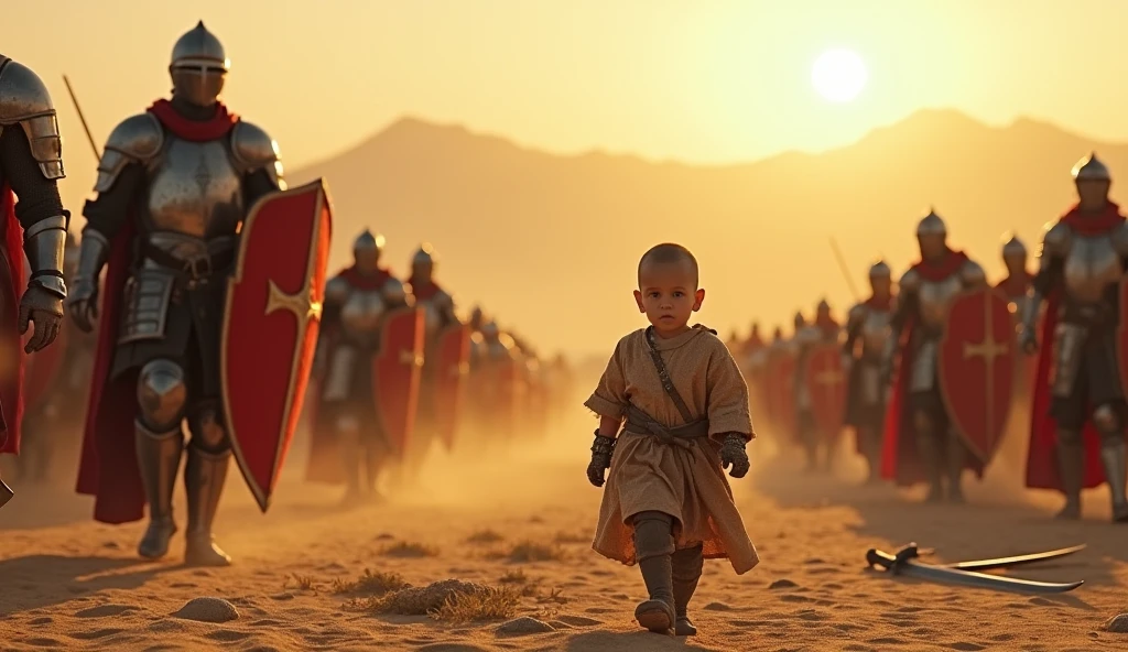 A highly realistic, high-contrast, 8K HD, detailed, hyper-detailed image of a young child, exactly as seen in the provided image, walking across a battlefield in a desert setting. The child, with a shaved head, is dressed in the same attire as shown, moving towards the viewer amidst the remnants of a fierce battle. Surrounding the child are Crusader knights clad in steel armor with red cross emblems on their chests. The ground is littered with fallen swords, shields, and other weapons, creating a stark contrast to the innocence of the child. The atmosphere is tense and poignant, with the warm, golden light of the desert sunset casting dramatic shadows. The image is of the highest quality, with ultra-high resolution, RAW photo quality, and Unreal Engine rendering, capturing the surreal and haunting moment as the child walks through the remnants of war, surrounded by the solemn presence of the Crusader knights, while remaining dressed exactly as in the provided image.