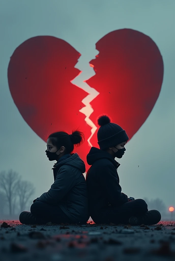a broken heart background 
and a shadow of a boy wuth a beanie and a girl with glasses and a black mask sitting back to back
realistically 