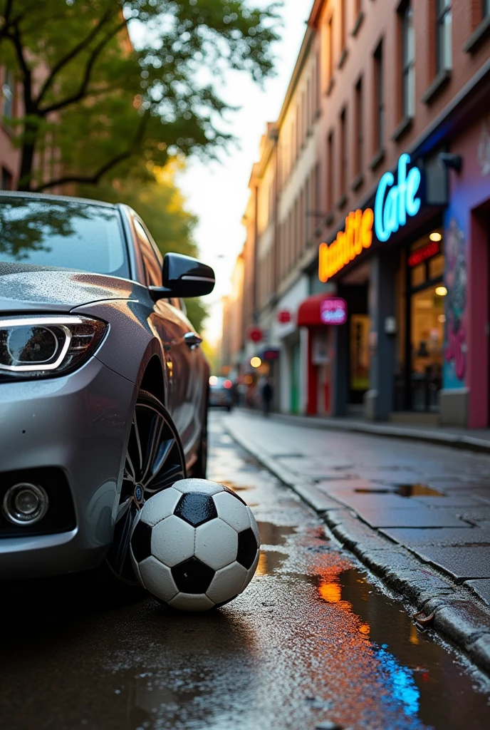 Un ballon de football au dessous d’une voiture dans la rue