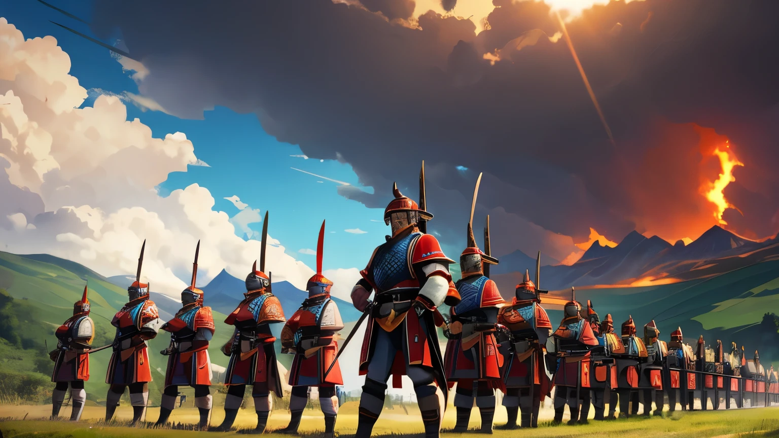 A vivid and visually striking portrayal of Sanada Yukimura’s elite troops, known as the 'Red Army,' arrayed for battle. Each warrior is clad in meticulously crafted red armor, with every detail—from the overlapping plates to the decorative crests—rendered in sharp, photorealistic detail. The soldiers stand in perfect formation, their helmets reflecting the sunlight as they prepare for the coming battle. Yukimura himself stands at the forefront, his armor slightly more elaborate, with a golden crest on his helmet. The scene is set on a lush green battlefield under a clear blue sky, creating a stark and powerful contrast with the red of the soldiers’ armor. The atmosphere is charged with anticipation, as if the viewer is witnessing the calm before the storm. The level of detail and the dramatic lighting combine to create an image that is both awe-inspiring and intimidating.