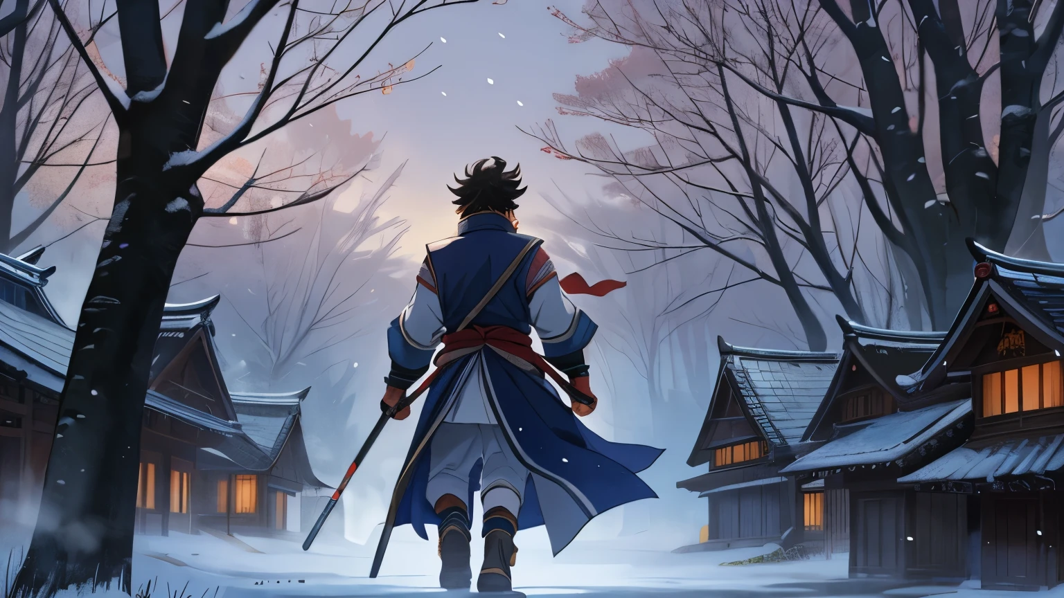 A haunting and ethereal scene depicting the ghostly figure of Sanada Yukimura, rumored to have appeared in villages after his supposed death. The setting is a quiet, fog-shrouded village at night, with traditional wooden houses lining the narrow, empty streets. Yukimura’s apparition is semi-transparent, his red armor faded and ghostly, yet still recognizable. His expression is calm yet somber, as he walks silently through the village, his form glowing faintly in the pale moonlight. The villagers, barely visible in the background, are shown peeking out from behind doors and windows, their faces a mix of fear and reverence. The mist swirls around Yukimura’s feet, and the only sound is the rustling of the wind through the trees, adding to the eerie and mysterious atmosphere. The image captures the legend of Yukimura’s restless spirit, forever wandering the land.