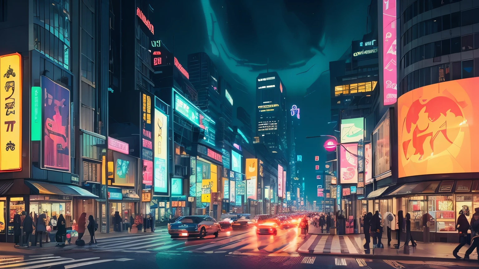 ((Urban atmosphere: 1.3, Futuristic cityscape: 1.2, Busy intersection: 1.1), Pixel Art Illustration, Vibrant color palette, Transparent elements, Neon Light, Bustling Pedestrian Traffic, Unconventional Charm!)