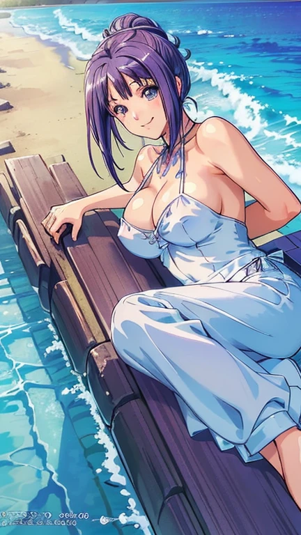 ((masterpiece, Highest quality, Highest quality, Official Art, beautifully、beautiful:1.2)),((masterpiece)),((Vibrant colors)),((Ayako Katagiri)),((幸せそうなsmile)),((smile)),((looks fun)),(Seaside),(Big Breasts),(((Side bust))),(sunset),(Skin exposed),(Cool)