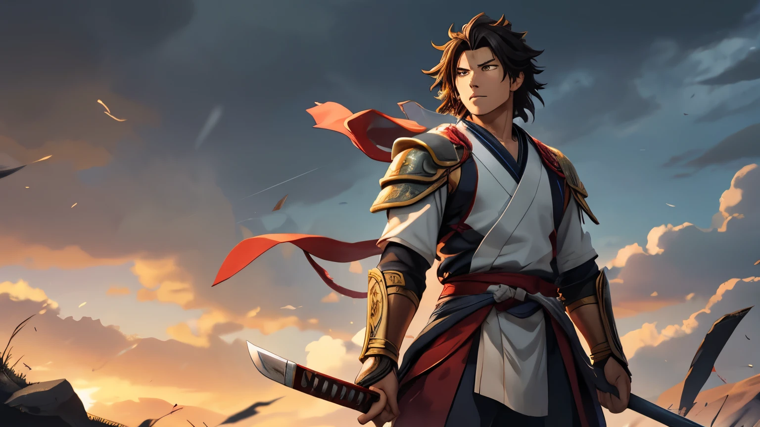 A poignant and emotionally charged image of Sanada Yukimura in his final moments on the battlefield, wearing a suit of pure white armor. The white armor is meticulously detailed, with subtle engravings and a soft, reflective sheen that contrasts with the surrounding carnage. Yukimura stands alone on a hill, overlooking the battlefield where his troops have fallen. The sky above is overcast, with dark clouds threatening rain, but a single ray of sunlight breaks through, illuminating Yukimura’s figure in a warm, golden glow. His face is calm and resolute, his katana held loosely at his side, as if he has accepted his fate. The ground around him is littered with broken weapons and the bodies of fallen soldiers, yet Yukimura remains standing, a solitary figure of honor and sacrifice. The composition is centered on Yukimura, with the light and shadow emphasizing the themes of life, death, and legacy.