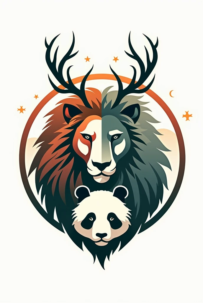 I want to create a drawing with parts of a lion, wolves, panda and deer
In logo format