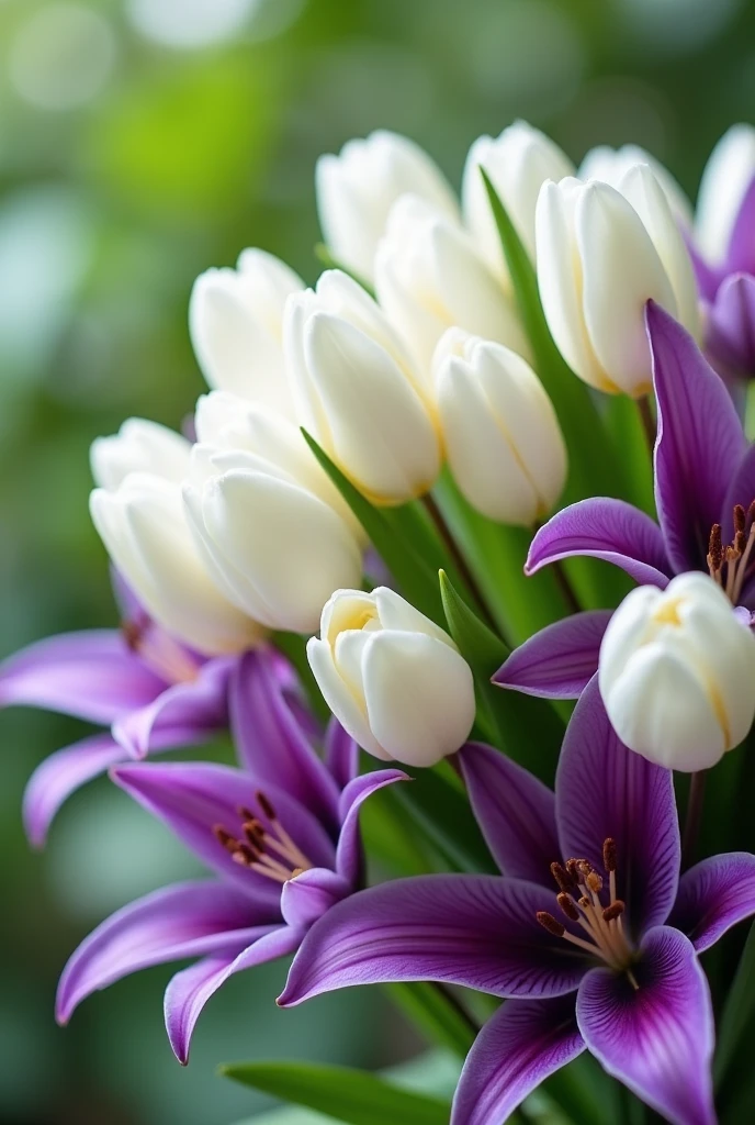 BOUQUET with many white tulips and many purple lilies