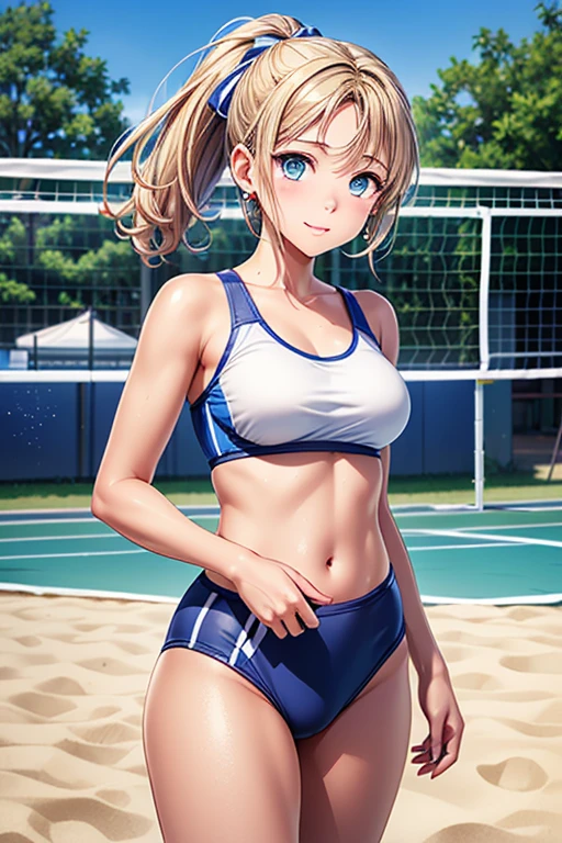 #Basic
A girl posing for a photo, (((One Girl))), (((Baby Face:1.4)) + ((cute:1.4)) + ((15 years old))), 
break 

#Clothing Accessories 
((ピンクのBeach Volleyballボールユニフォーム) : ((Blue Line)) + ((Sports Bra)) + ((High Leg Racing Pants))), 
(Red Gem Earrings), 
break 

#Features 
((Blonde:1.2)) + ((Center-parted bangs + Very long side bangs)) + ((ponytail:1.4 : Short Hair + Curly hair + Curly Hair + Tied with a blue ribbon)), 
((Droopy eyes:1.4, Big eyes:1.2), blue eyes), (Small breasts:1.2), (中立的な顔のFeatures), 
break 

#background environment 
((noon + Beach Volleyball:1.2, blue sky)), 
#Facial Expression Pose 
((smile)), ((Beach Volleyballの試合でジャンピングサーブをしている)), 
#composition 
((Angle from the front:1.2, Cowboy Shot)),   
break 

#Body parts elements 
(Slim figure), 
(Symmetrical facial features), 
(Detailed Hair, Beautiful Hair, Shiny Hair), 
(double eyelid, Long eyelashes, Thin eyebrows:0.5, Thin eyebrows:0.5), 
(Expression of fine eyes, Beautiful and delicate eyes, Sparkling eyes, Eye Reflexes, Glitter Eyeliner), 
(Human Ear), 
(Beautiful Nose, Thin Nose), 
(Glossy Lips, Beautiful Lips, Thick lips), 
(Detailed skin, Textured skin, Beautiful Skin, Oily skin), 
break 

#quality 
(((最高quality)), ((masterpiece:1.3)), ((Very detailed))), ((Ultra-high resolution)), ((16K)), ((1080P)), ((Full HD)), 
((Anatomically correct)), ((Realistic)), (3DCG), ((Oil painting)), 
((comics, anime)), (CG illustration), (RAW Photos), 
