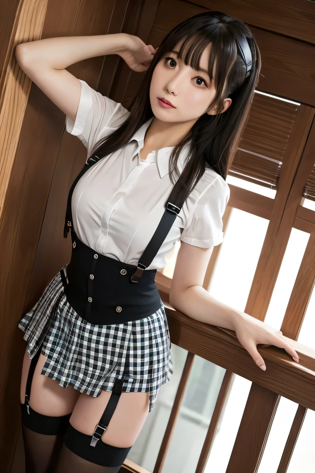 1 female, , high quality, masterpiece, Ultra-high resolution, Cinema Lighting, 1 female, , high quality, masterpiece, Ultra-high resolution, , Cinema Lighting, suspenders　　　Moderate breasts　 　 　　　　　 　　　　Small face　 　　　　　　　　　　　Looking up　　　　Sweat 　　　Thin belt　buzzer　脇Sweat 　　　　 　garter belt　　Belt on pants　　holster　 　　Hands behind your back　 　Looking up　Anxious face　Knee-high　Knee socks　Knee-highソックス 　garter　ふとももにgarter belt　Checkered mini skirt　 　　Panty shot　Skirt gap Armament　　　holster　holster 　　Hands behind your back　 Anxious expression　　Anxious face, legs apart　Armament　　Leg Holster　holster　See-through clothing　heavy rain　Rain-soaked dress shirt,Moderate breasts　ガーターbelt　suspenders　Garter on the thigh　Checkered mini skirt　Looking up　Pause　belt　Armpit sweat　Hands behind back　Raise your hands