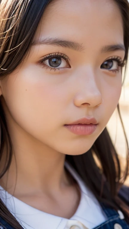 A woman, In the park, sunny, Orange pinafore dress, Raw, Ultra high quality, 8k, (close up:1.1), head, Highly detailed face, stunning eyes