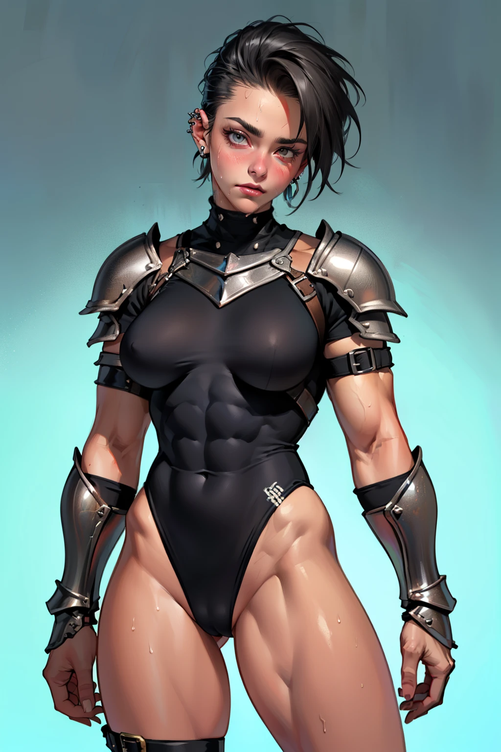 (high resolution, pixel perfect, gorgeous illustrations), (hyper quality, muste piece, etheric: 1.4), (((cowboy shot))), face focus, ((1girl)), (((Androgynous, boyish))), (((18 years old))), (((((punk))))), hot Rocker punk girl, ((((open stance)))), cool atmosphere, black hair, ((((very_short_hair, slicked_back_hair)))), ((((piercing)))), eyelid_piercing, nose_piercing, (((Exquisite face))), blush, tattoo, (((((((muscular_female))))))), (thick thighs, wide hips, Big breasts that are about to burst), fighter, ((((very hairy)))), (((naked_armor))), ((highleg_leotard_armor)), (((cameltoe))), sweat, shiny skin, gleaming skin, simple background,