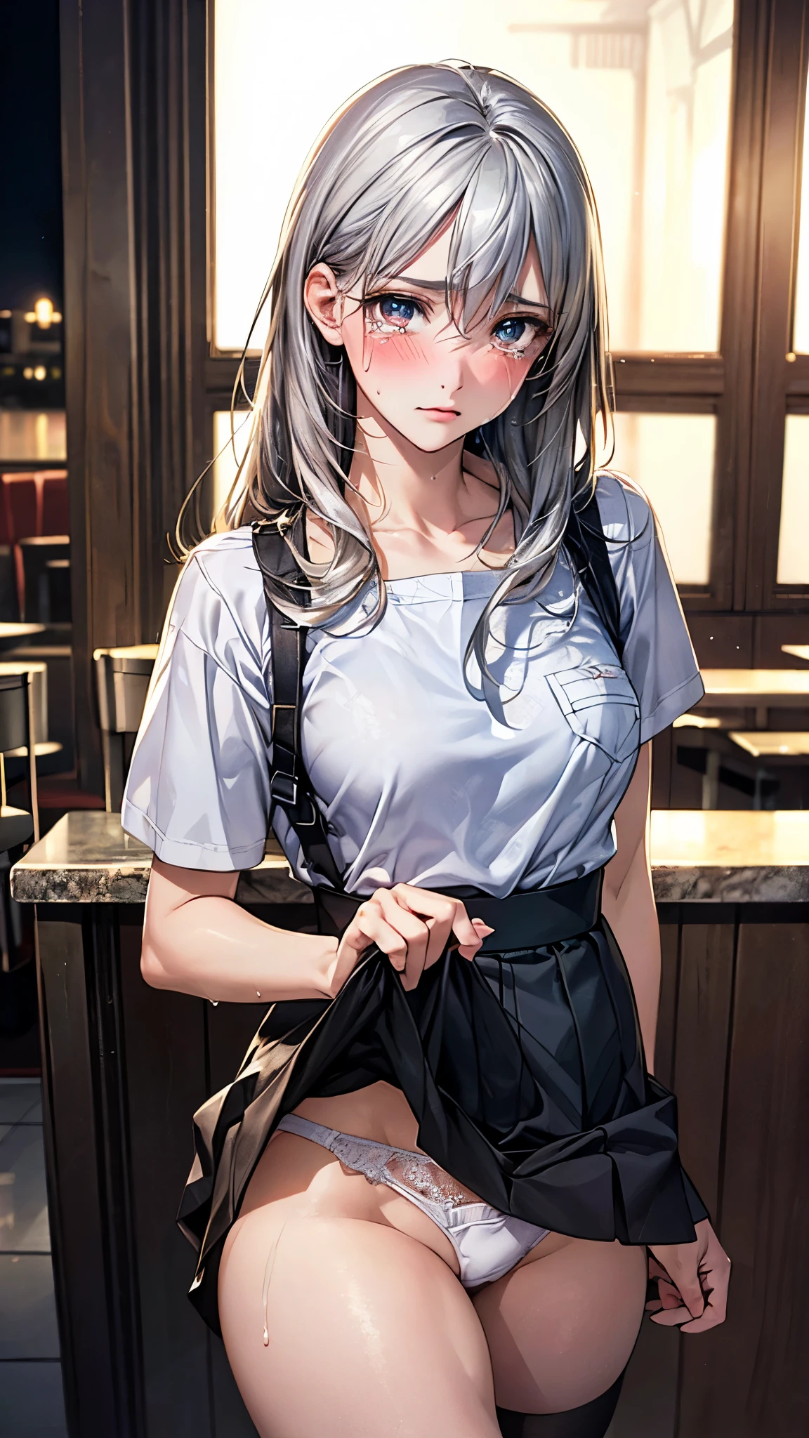 (masterpiece:1.2, highest quality), (realistic photo:1.4), beautiful illustrations, (natural side lighting, movie lighting), nsfw, retrospective shot of rear loam, angle from below, low angle, from behind,
beautiful hair, beautiful face, detailed and beautiful eyes, beautiful clavicle, beautiful body, beautiful breasts, beautiful thighs, beautiful feet, beautiful fingers,
looking at the viewer, 1 girl, high school girl, (perfect anatomy, anatomically correct, super detailed skin), cute symmetrical face, baby face, perfect face, perfect eyes,
(long hair, haircut, hair shackles, silver hair), hair between eyes, ash green eye, big eyes, long eye lasher, (medium breasts, seductive thighs), perfect body, shiny skin, slender,
(detailed cloth texture), (family restaurant uniform:1.3), apron, (skirt lift:1.4), loose and wrinkled white panties, stockings, disheveled clothes, exposed panties, (attractive ass:1.2),
(beautiful scenery), night, (kitchen, counter), standing, (embarrassed look: 1.2), (blush, humiliation, impatience, tears, embarrassing, surprised expression, expression of anger, disgusting face), full of sweat, soaking wet, flowing sperm, sperm in the ass, sperm on thigh, flowing sperm,