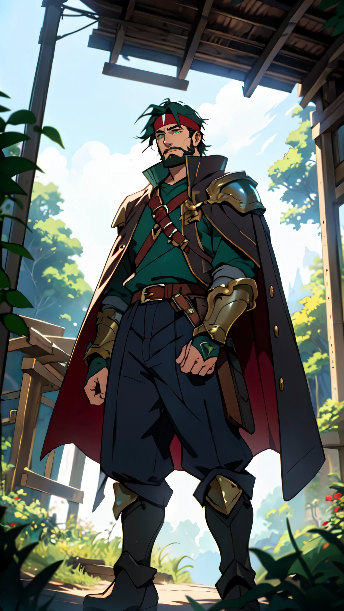 (masterpiece:1.2, best quality:1.2, extremely delicate:1.2), ((male:1.5)), a middle-aged man with short dark blue hair, a green headband tied around his forehead, sharp eyes, a heroic face, long sideburns, a long beard on his chin, a confident expression, a tall and muscular build, a fantasy-realist style short-sleeved coat, with a white and green form-fitting chest armor underneath, a flowing cape hangs from his right shoulder, heavy iron wrist guards, his belt is connected to small skirt armor plates, coarse cloth trousers, long boots that include shin guards, stands like a guardian in front of a city gate, this character embodies a finely crafted fantasy-realist style warrior in anime style, exquisite and mature manga art style, dramatic, high definition, highres, ultra-detailed, ultra-fine painting, professional, perfect body proportions, golden ratio, anatomically correct, symmetrical face, extremely detailed eyes and face, high quality eyes, creativity, RAW photo, UHD, 32k, Natural light, cinematic lighting, (masterpiece-anatomy-perfect:1.2)