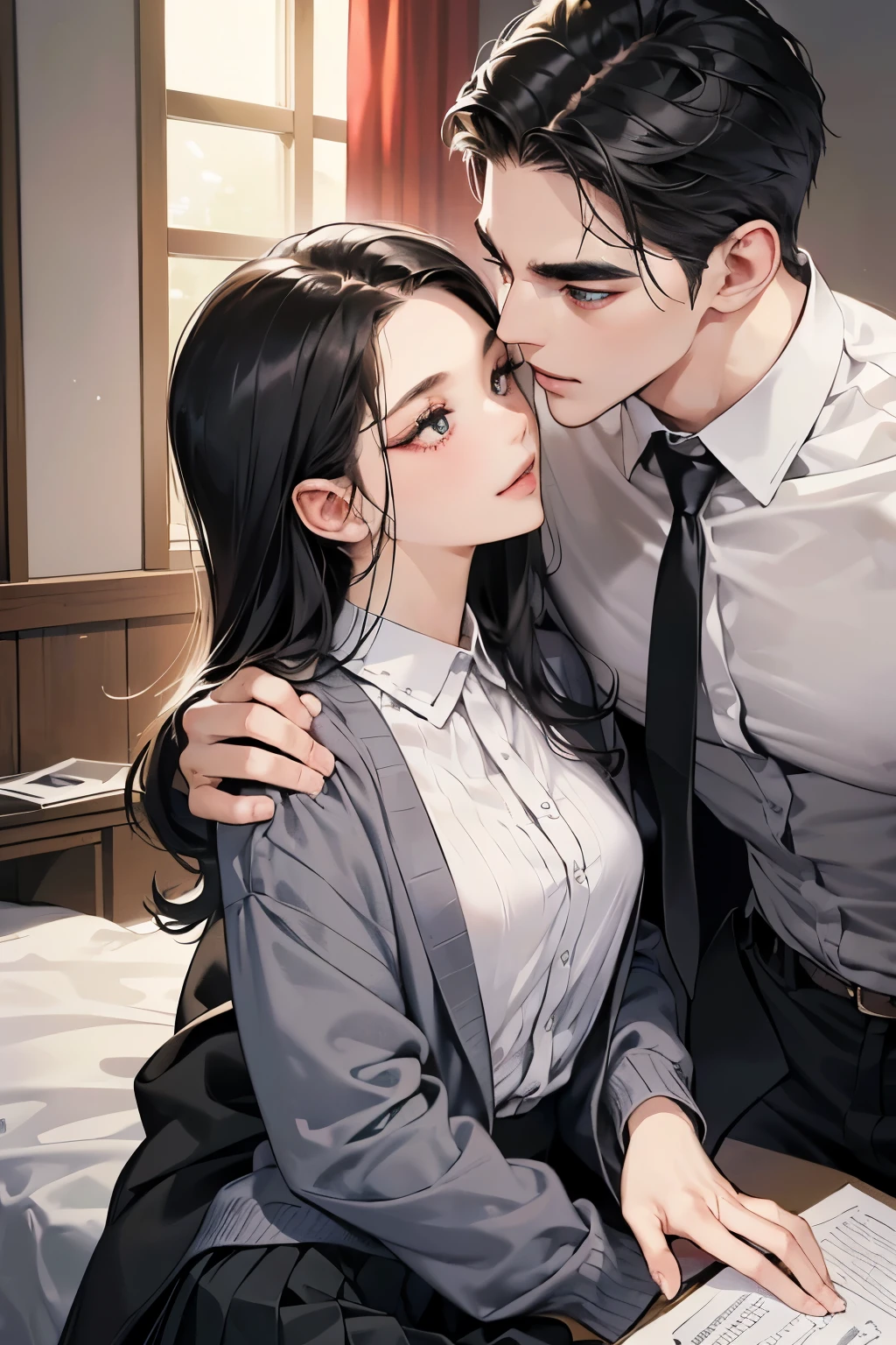 (masutepiece, Digital Art, Digital Illustration, 4K, 8K, Ultra-detailed, beautiful image, Sharp Image, Photorealistic, Raw photo, Perfect face, Perfect lines, Perfect eyes, Soft lighting) 1 woman, (Long Black Hair,straight haired,Bullish gaze,Beautie,Solid makeup,femele,small tits:1.3),Two handsome men in suits, (ember,Men in suits,well-muscled,Firm shoulder width,Adult male,Boyish hairstyle,English gentlemanly style,Man in his 30s with a cool expression,28-year-old man with bright smile:1.2)、a sailor suit、Knee-length pleated skirt、baggy cardigan、kiss、a couple、couple kissing、Romance、ssex、have sex、