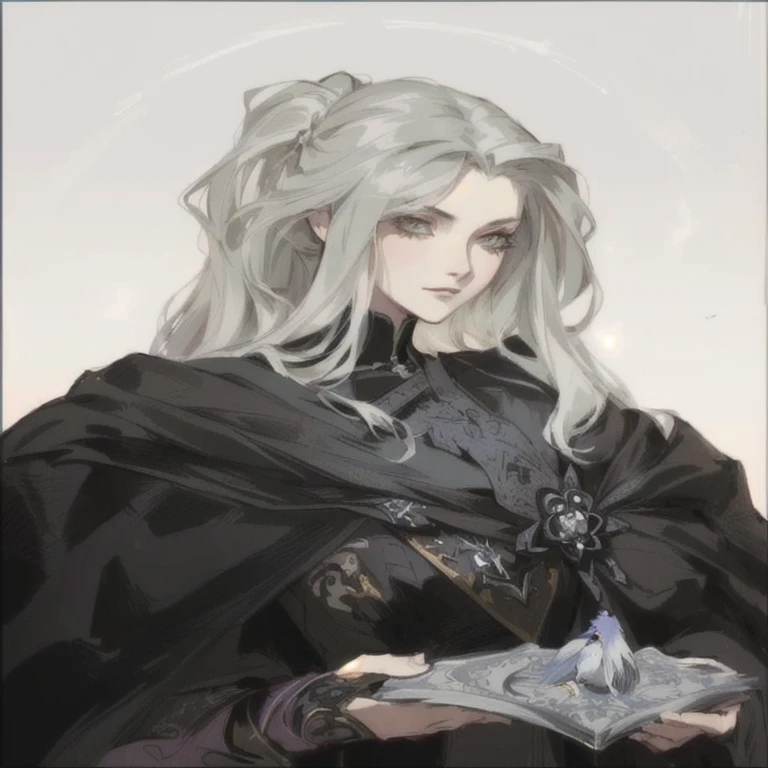 a drawing of a woman with long hair holding a bird, in a cape with long hair, 1 7 Year Old Goth Anime Girl, beautiful character painting, delicate androgynous prince, black witch character, no art style by bowater, 由杨J, beautiful necromancer, detailed anime character art, portrait of a black witch