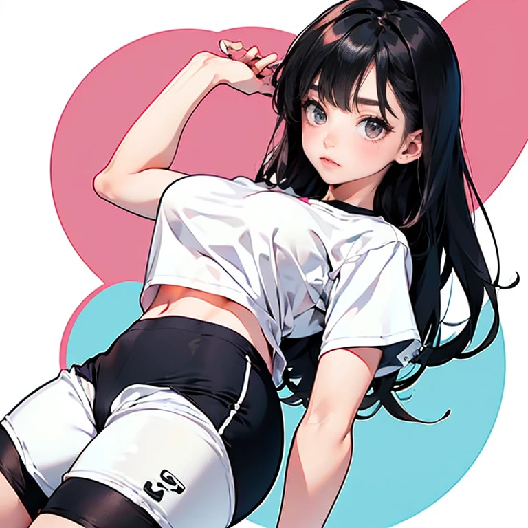 Anime Kawaii sexy Perfect Slim sensual body large breast and huge thighs, An intricate and highly detailed illustration of anime (Young girl). standing alone、high school girl、Caucasian skin、Make-up natural、Bblack hair、bangss、long straight hair、(((White short sleeve upper body t-shirt)))、(((Long, white workout clothes)))、(((Very tight bloomers)))、(((Marine Blooms)))、(((Tuck the bottom of your gym clothes into your shorts)))、breasts big、((big-ass))、(((School's yard)))、(((realistic fingers)))、(((realistic styling)))、((perfect figure))、(((vertical)))、(((rear view)))、(((Future Perspective)))