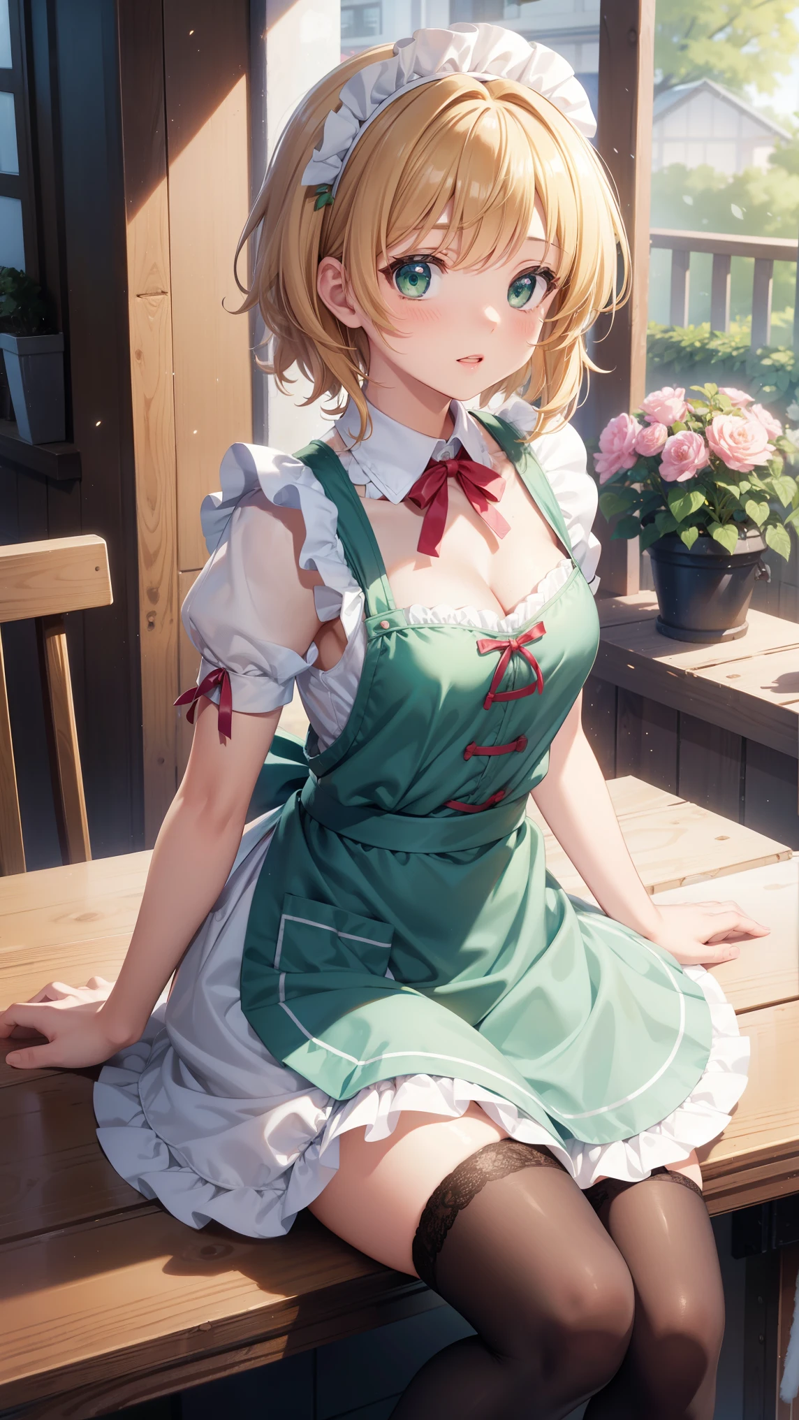 1girl, natural lighting, masterpiece, highly detailed, illustration, game CG, absurdres, high quality, kinomoto sakura, (18 year old girl), medium breasts, beautiful detailed eyes, glossy lips, natural lighting, short fluffy blonde hair, messy hair, green eyes, garden, cafe, maid, short puffy sleeves, small maid apron, thigh highs, cleavage