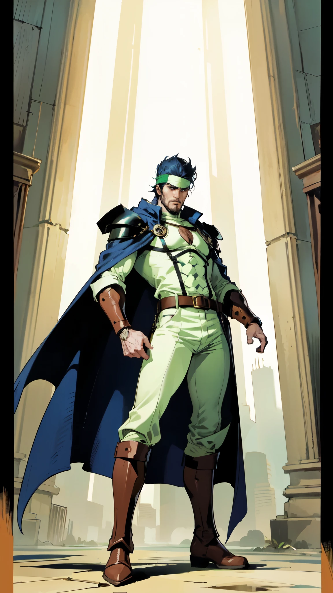 (masterpiece:1.2, best quality:1.2, extremely delicate:1.2), ((male:1.5)), a middle-aged man with short dark blue hair, a green headband tied around his forehead, sharp eyes, a heroic face, long sideburns, a long beard on his chin, a confident expression, a tall and muscular build, a fantasy-realist style short-sleeved coat, with a white and green form-fitting chest armor underneath, a flowing cape hangs from his right shoulder, heavy iron wrist guards, his belt is connected to small skirt armor plates, coarse cloth trousers, long boots that include shin guards, stands like a guardian in front of a city gate, this character embodies a finely crafted fantasy-realist style warrior in anime style, exquisite and mature manga art style, dramatic, high definition, highres, ultra-detailed, ultra-fine painting, professional, perfect body proportions, golden ratio, anatomically correct, symmetrical face, extremely detailed eyes and face, high quality eyes, creativity, RAW photo, UHD, 32k, Natural light, cinematic lighting, (masterpiece-anatomy-perfect:1.2)